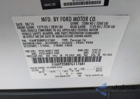 2015 Ford Taurus Se из США, поврежденный, VIN 1FAHP2D88FG117681